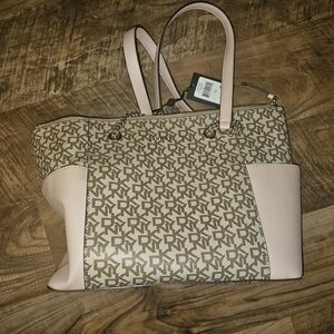 DKNY GIGI Pink and Brown Signature Tote with Gold Accents